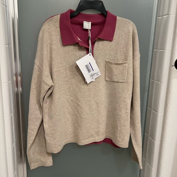 NEW Wool blend beige purple collared sweater - Picture 4 of 6